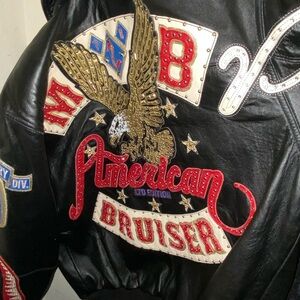 Pelle Pelle Black and Red Bomber Jacket with Embroidered Details